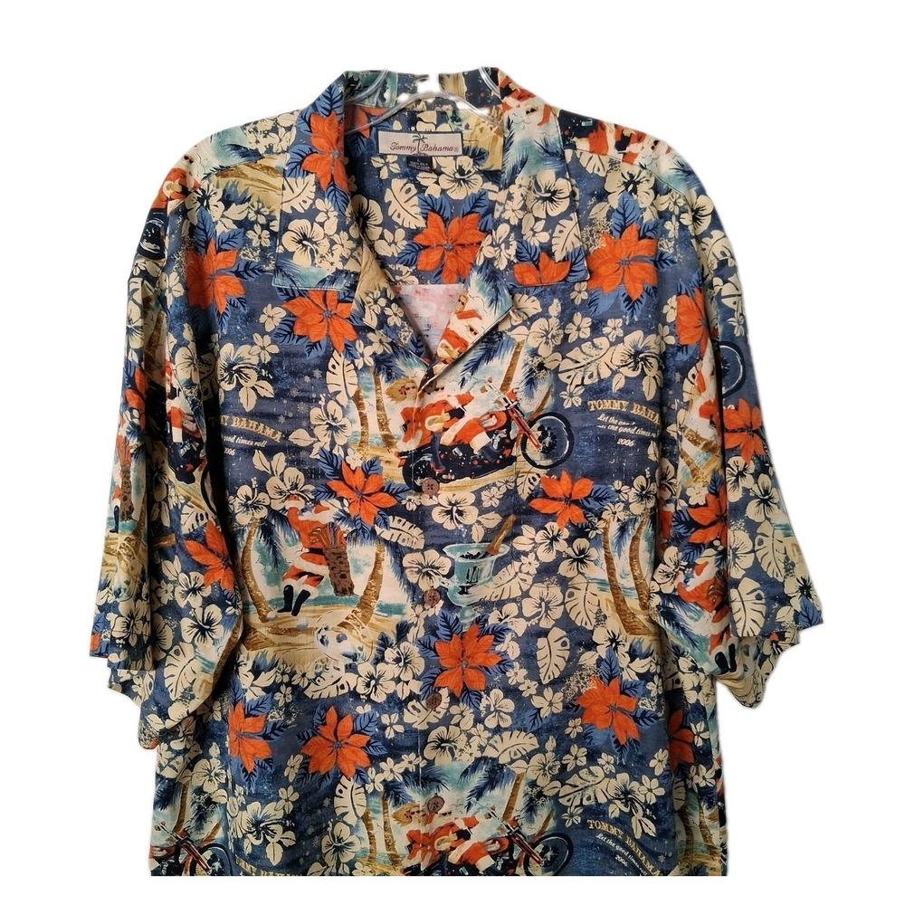 Tommy Bahama Hawaiian Shirt Men's Large Santa Claus Motorcycle Christmas‎ 06 Y2K